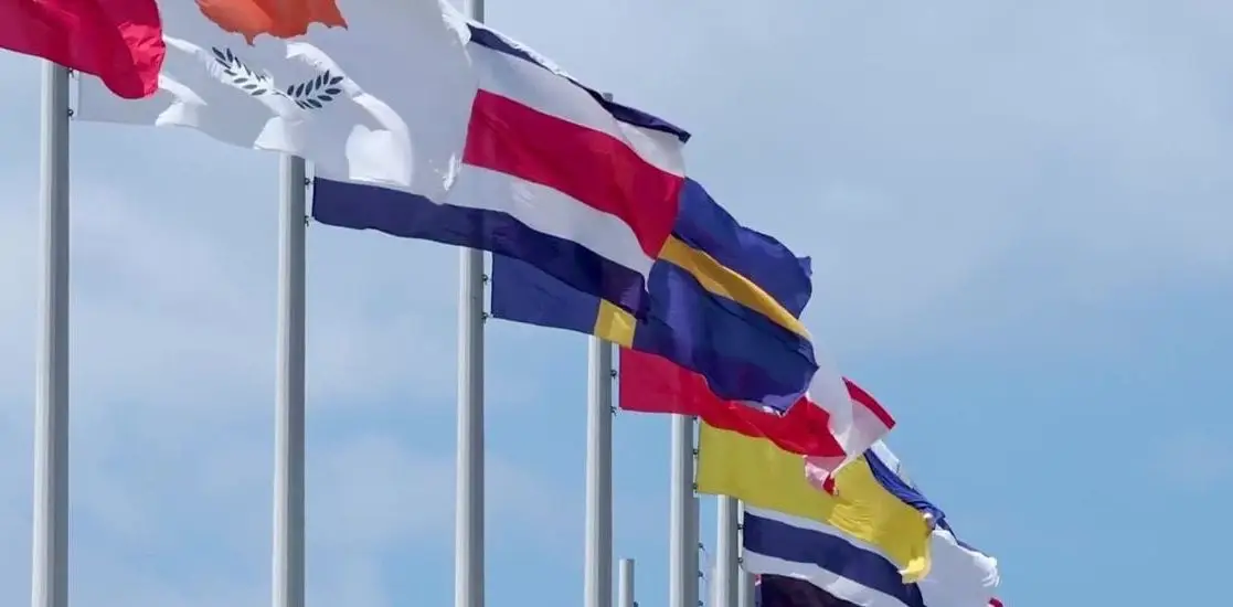Congrès international, de nombreux drapeaux de différents pays sur les mâts - Photos