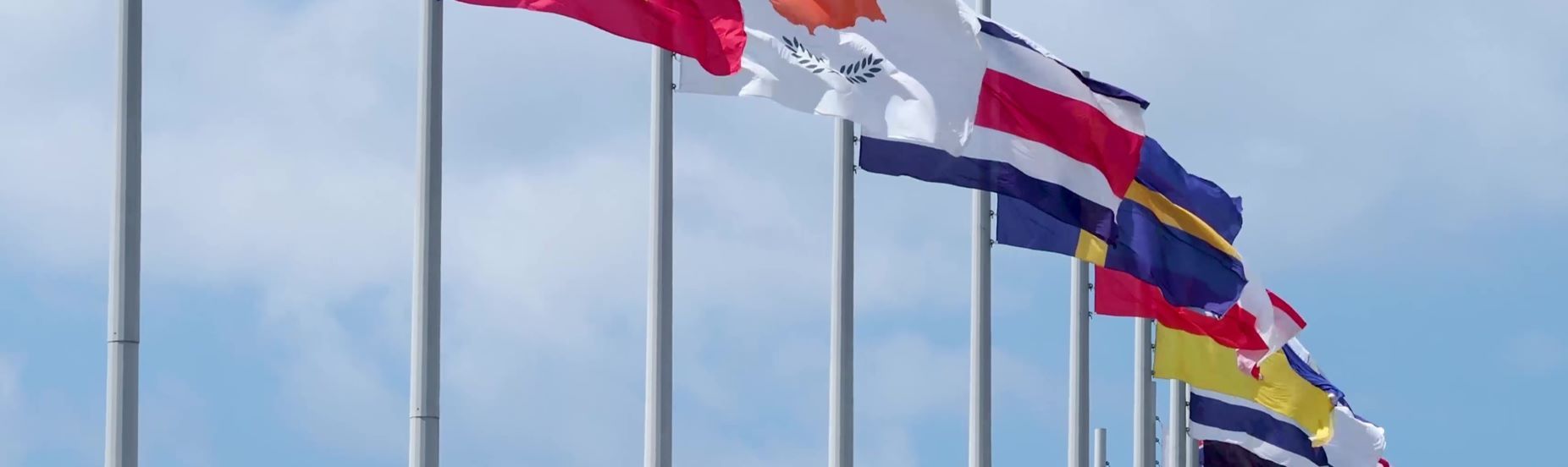 Congrès international, de nombreux drapeaux de différents pays sur les mâts - Photos